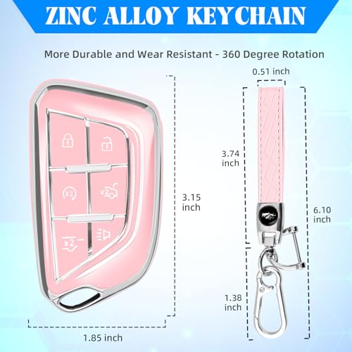 Image of QBUC for Cadillac Key Fob Cover with Leather Keychain (Chrome Trim Pink) | Soft TPU Protection Case Compatible with 2020-2026 Cadillac Escalade Lyriq Optiq 6-Buttons