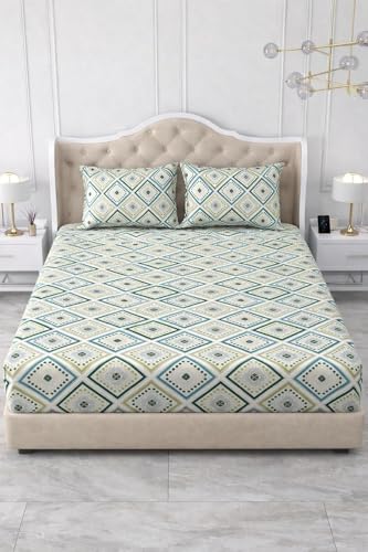 Image of 300 TC Cotton Feel Glace Cotton Elastic Fitted Bedsheet for King Size Double Bed | Fits up to 8 Inch Mattress | Printed Bedsheet with 2 Pillow Covers (Emerald, Double Size - 72 inchx72 inch)