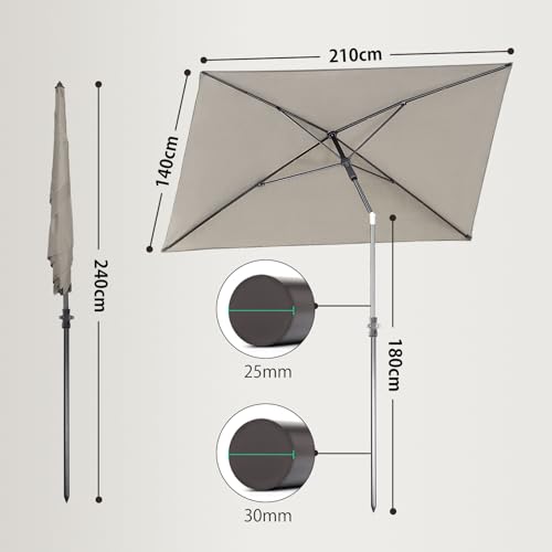 Sekey 210 × 140 cm Sonnenschirm mit Schutzhülle, Balkonschirm Gartenschirm Terrassenschirm, Sonnenschutz UPF50+, Kippbar, Höhenverstellbar, Rechteckig 2