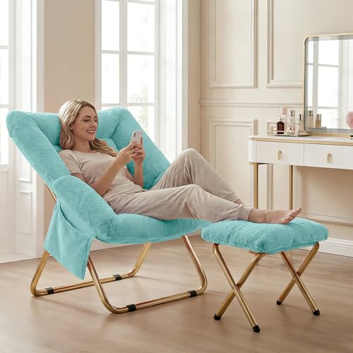Osumlee Comfy Saucer Chair for Adults, Foldable Living Room Chairs, Soft Faux Fur Lounge Chair for Bedroom, Reading Chairs, X-Large (Ottoman-Mint) - view 2