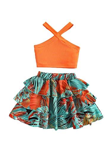 Image of MakeMeChic Girl's Summer 2 Piece Outfit Criss Cross Halter Top Tropical Print Layered Skirt Set