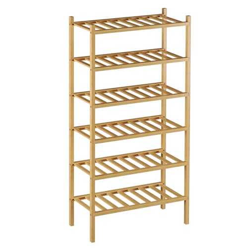 6-Tier Bamboo Small Shoe Rack, Free Standing Wood Shoe Shelf Storage Organizer for Closet Entryway Stackable (Natural)