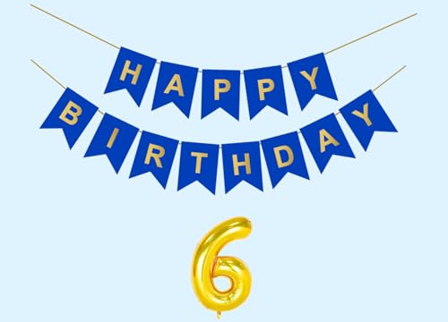 Image of 6th Happy Birthday Decoration Kit Dark Blue for 6 year Old Boys Girls Kids with Number Six Party Decorations Decor Celebration Items Item Set Combo Reusable Paper Banner