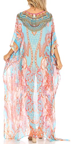 Sakkas Wilder Printed Design Long Sheer Rhinestone Caftan Dress/Cover Up2