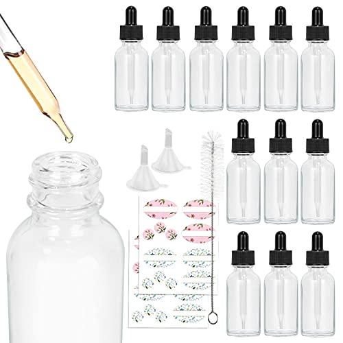 12 Pack 1 oz 30ml Clear Glass Dropper Bottles, Haneye Glass Tincture Bottles with Eye Droppers for Essential Oil, Perfume & Liquid, Includes 1 Brush, 2 Funnels and 24 Labels