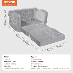 VEVOR Kids Couch, Toddler Chairs Comfy, 2-in-1 Toddler Couch Sofa Bed Fold Out, Convertible Sofa to Lounger, Kids Chair Seat Playroom Furniture for Kids Girls & Boys, Grey VEVOR Kids Couch Toddler Chairs Comfy 2 in 1 Toddler Couch Sofa Bed Fold Out Convertible Sofa to Lounger Kids Chair Seat Playroom Furniture for Kids Girls Boys Grey