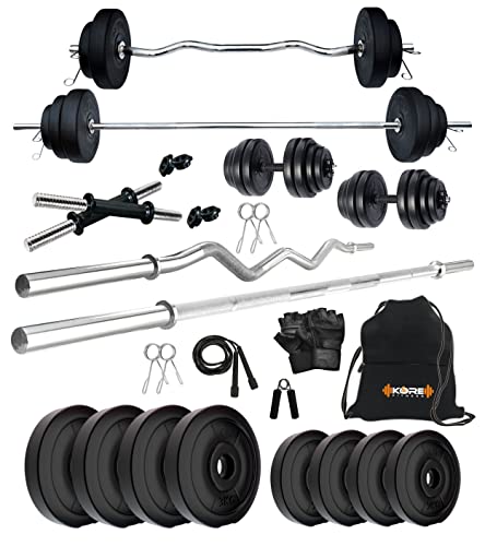 Image of Kore PVC 20 Kg Home Gym Set with One 3 Ft Curl + One 5 Ft Plain Rod and One Pair Dumbbell Rods with Gym Accessories, Black
