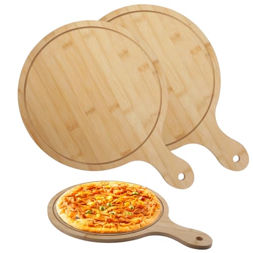 Velicber Lot de 2 Pelle à Pizza en Bois de Bambou 30cm Planche à Pizza avec Poignée Planche à Découper Ronde pour Transférer Pizza Pain Gâteau...