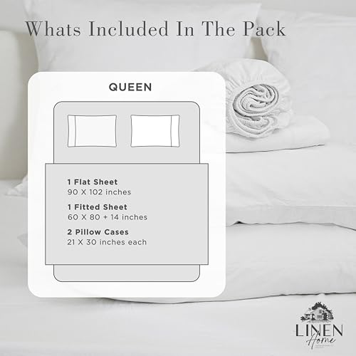 Linen Home Washed Cotton Percale Queen Sheet Set, White, Preshrunk, 4 Pieces Sets - 1 Flat, 1 Deep Pocket Fitted Sheet & 2 Envelope Closure Pillowcases, Soft, Cool and Comfortable Bed Linen - Image 7