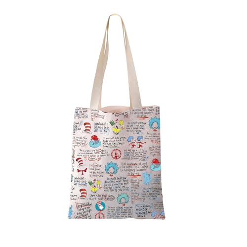 JYTAPP Seuss Quotes Inspired Canvas Tote Bag Seuss Broadway Musical Gift Cat In Hat Shoulder Bag for Seuss Fans, Beige