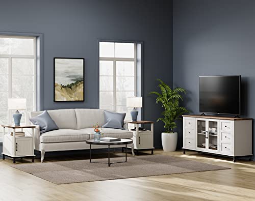 Wampat Premium Farmhouse Living Room Table Set Of 3, 1 Glass&Wood Tv Stand With Doors, 2 End Side Tables With Accent Cabinet, White/Oak #TOP5