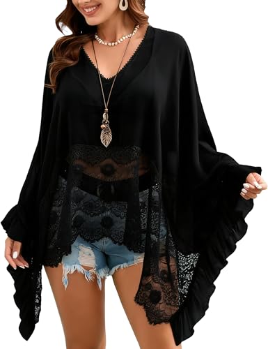 MAKABO Black Women's Poncho Fashion Sheer Poncho Shawl Lightweight Summer Beach Ponchos Plus Lace Vacation Wear Fashion