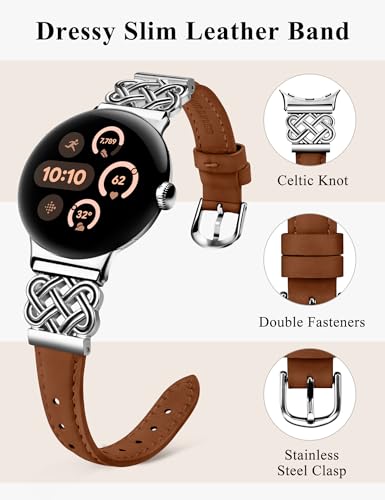Image of TOYOUTHS Slim Leather Band Compatible with Google Pixel Watch 4 3 41mm /Pixel Watch 2 1 Band Women, Celtic Metal Dressy Thin Fashion Designer Premium Leather Strap for Google 4 3 2 1 Smartwatch