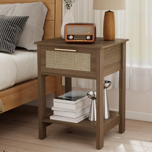 Rattan Nightstand, Boho Side Table with Drawer and Storage Shelf, Bedside Night Stand with Golden Handle, Wooden End Table for Bedroom, Dorm and Small Spaces, Walnut Walnut Open-Sided