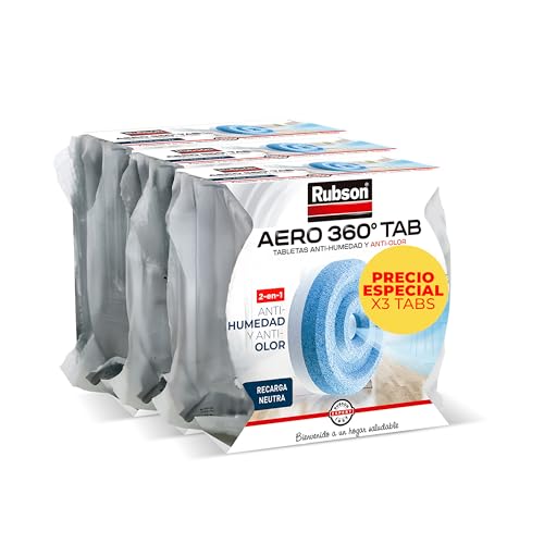 Rubson AERO 360º Set de tabletas de recambio de olor neutro, absorbe humedad y neutraliza malos olores, recambios para deshumidificador recargable, 3 tabletas de 450 g