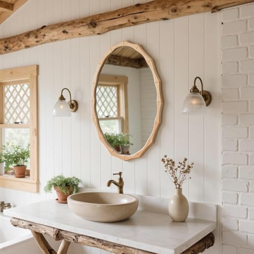 sawsile Oval Wood Mirror,Rustic 20x30 Inch Bamboo Farmhouse Decorative Vanity Natural Mirrors for Bedroom, Bathroom, Living Room,or Entryway