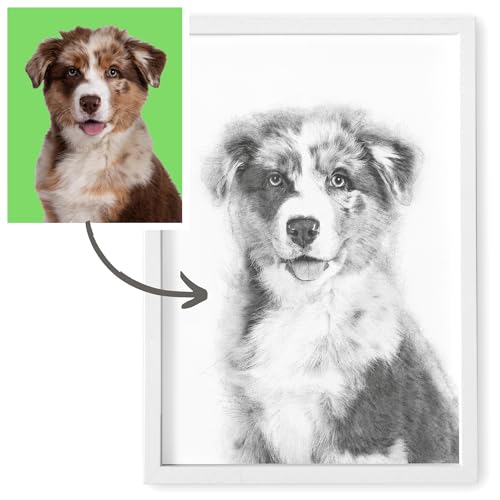 Tierportrait personalisiertes Geschenk Hundebesitzer Bild im Stil einer Bleistiftzeichnung von Foto Portrait wie Bleistift Zeichnung Fotogeschenk Hund Geschenk Haustier (mit oder ohne Rahmen)