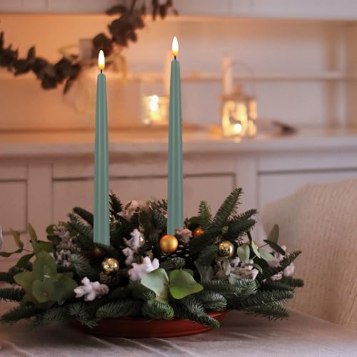 Image of CVHOMEDECO. Flameless Taper Candles with 10-Key Remote, Battery Operated Led Flickering 3D Wick Window Candles Real Wax Finished Home Christmas Party Decor 0.78 x 11 Inch, Pack of 2, Grey Green