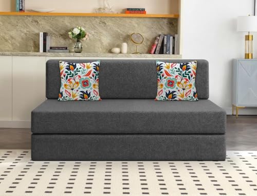 Los Angeles Foldable Two Seater Sofa Cum Bed, Sofa Bed 4 X 6 Ft, Jute Fabric Washable Cover Including Two Printed Cushion Perfect for Living Room & Office Guest Room - Black Color