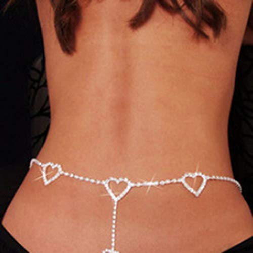 Xerling Bling Rhinestone Waist Chain Heart Shape Belly Chain Love Heart Pendant Body Chain For Women Girls Crystal Belt Belly Chain (Silver) #TOP8