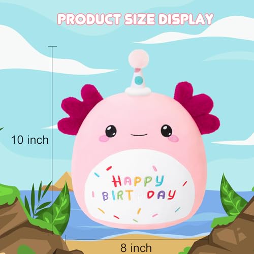 Image of SQEQE Axolotl Stuffed Animal Toy Happy Birthday Axolotl Plush Cute Pink Birthday Plushies Doll Home Decor for Kids Girls Boys 10 Inch