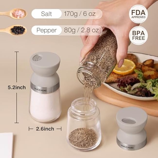 VUCCHINI Salt and Pepper Shaker Set with Lid 3 level Adjustable Pour Holes Seasoning Spice shaker Jar Glass Bottle, Large Salt and Pepper Dispenser Moisture-proof for Kitchen, Cooking (5 oz, Grey)