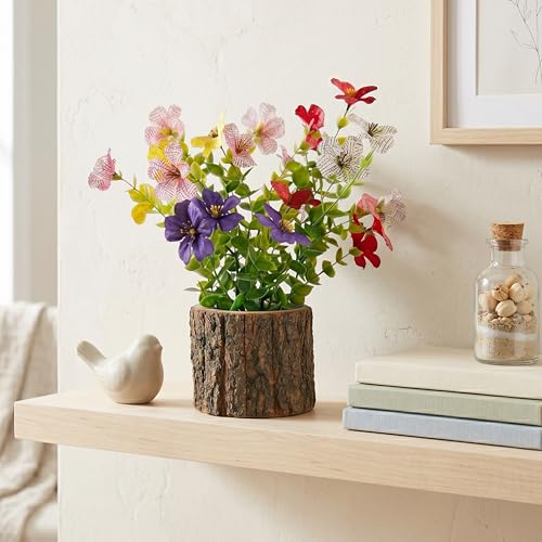 Image of Dekorly Artificial Multi Colour Fern Daisy Flower with Real Wooden Vase (28CM Overall Height) | Decorative Lifelike Faux Floral Plant in Rustic Tree Log Pot for Living Room(Daisy Fern)