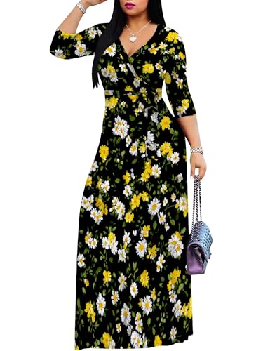 Image of PinkPatty Plus Size Maxi Dress for Women Casual V Neck 3 /4 Sleeve Boho Printed Long Dress with Pockets