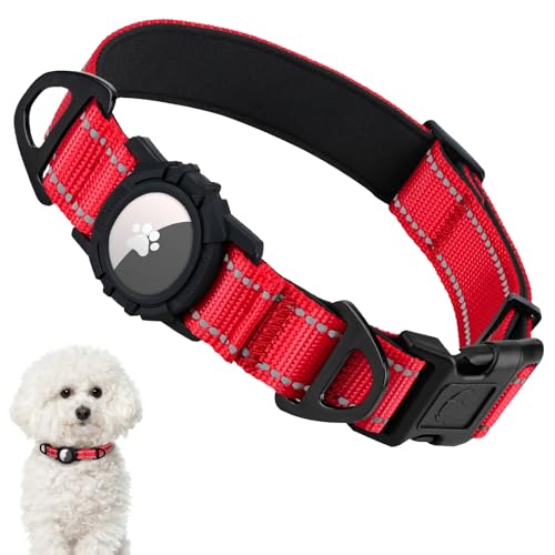 Taglory Reflective AirTag Dog Collar with Waterproof Airtag Holder, Dual D-Rings, Durable Safety Buckle, Adjustable Soft Padded for Small Dogs Night Walking, Outdoor Tracking, Red, S