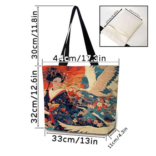 Japaniese Geisha Crane Tote Bag Reusable Grocery Bags Cute Aesthetic Shopping Shoulder Handbag with Interior Pocket Lightweight & Washable Stylish Japaniese Geisha Present for Women2