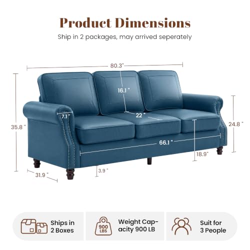 Kingfun Faux Leather 3 Seater Sofa with Rolled Arms,Royal Blue - image 2