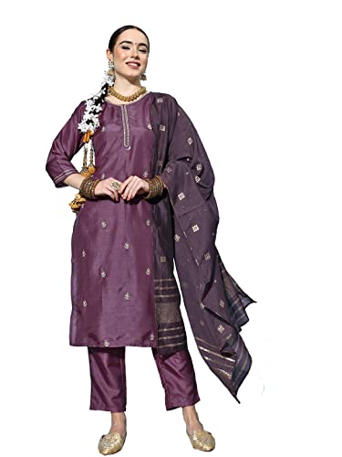 Image of ishin Silk Blend Women's Embroidered A-Line Kurta Pant with Dupatta Set