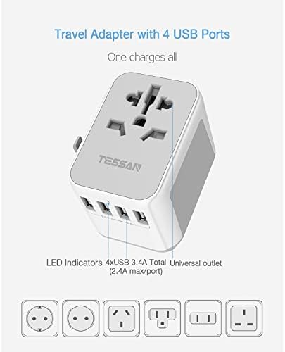 Universal Travel Adapter, TESSAN Travel Plug Adapter Worldwide with 4 USB and 1 AC Socket, International Travel Adapter UK to European Power Universal Plug Adaptor for EU USA Australia Thailand