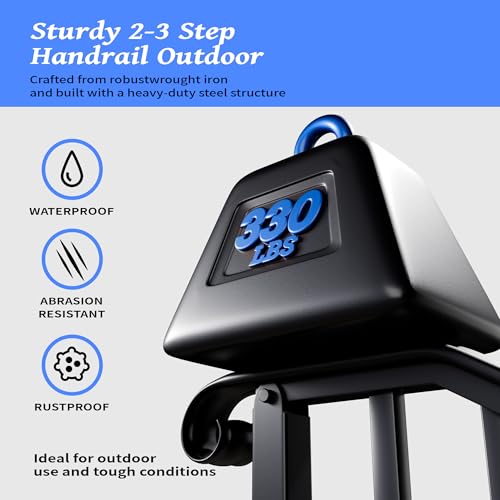 2 Pack 3 Step Handrails for Outdoor Steps, Wrought Iron Stair Railing Fits 2 or 3 Steps, Metal Hand Rail with Installation Kit, Staircase Handrails for Concrete, Porch, Deck, Exterior Steps, Black