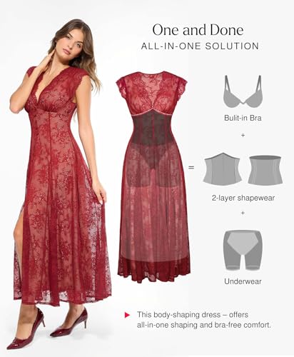 Popilush Evening Dresses Lace Formal Mother of Bride Maxi Dresses for Women V Neck Shapewear Wedding Dress Split3