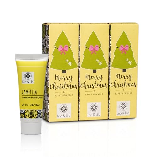 Leo & Lilo Kleiner Handcremegruss - 3er-Set Weihnachtsgeschenkset Merry Christmas - 3 einzeln verpackte Camellia Handcremes 20 ml - Hochwertige Naturkosmetik für schöne und gepflegte Hände