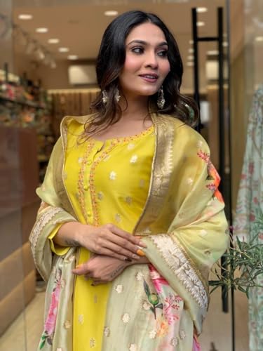 Image of Naixa Women's Viscose Organza Jacquard Embroidered Straight Kurta with Pant and Dupatta Sets (S-Kritika)