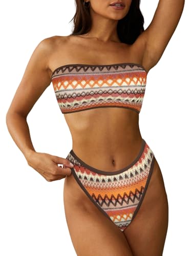 Image of ZAFUL Women Strapless Textured Bandeau Bikini 2 Piece Swimwear Cheeky Solid Lace up Bathing Suits