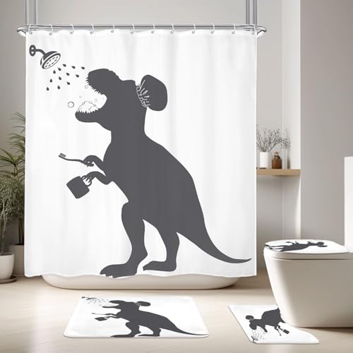 Image of 4PCS Kids Dinosaur 71Wx71H Inches Funny Animal Dino Silhouette Shadow Shower Curtain Sets with Rugs, Toilet Lid Cover and Bath Mat, Cute Bath Accessories Art Home Decor Fabric 12 Pack Hooks