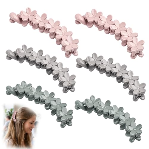Bananenspange Haare, Banana Clip 6er Set Blumenform, Haarklammer für Sport und Alltag, Elegante Frisuren für langes dickes Haar, 6 Bananenspangen in Rosa Grau Grün