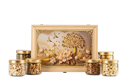 Image of Browntree Dry Fruit Gift Hamper - Elite-6P - 950g | Almonds, Cashews, Raisins, Pistachios, Walnut Kernels & Apricots | Premium Wooden Box with Glass Jars | Festive Luxury | Ideal gift box for all celebration| Corporate Gifts | Premium Dry Fruit Gift Hamper