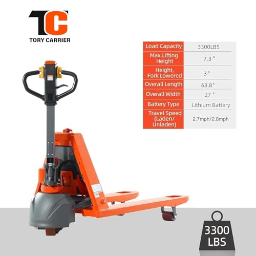 Tory Carrier Full Electric Pallet Jack Truck, 3300lbs Capacity Motorized Pallet Lift Trucks, 48" x 27" Fork Size Powered Lithium Battery Truck for Indoor Storage and Material Handling Orange-EPJ3300