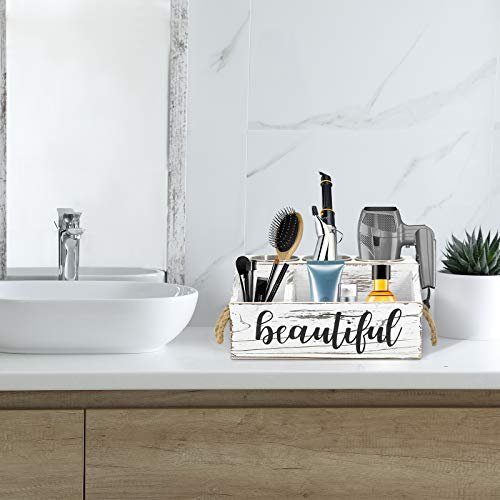 Rustic Wood Hair Dryer Holder, Hair Styling Product Care Tool Organizer, Bathroom Countertop & Vanity Caddy Storage Stand for Blow Dryer Straightener Curling Iron with 3 Stainless Steel Buckets White - Thumbnail 7