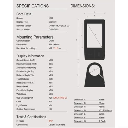 Pantalla LCD 500S para bicicleta eléctrica con carcasa rígida de metal y plástico Bafang 8