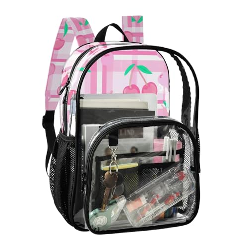 Clear Bag for Women Travel Pink Cherries Green Leaves Girls Backpack Kids Boys Plastic See through Bookbag2