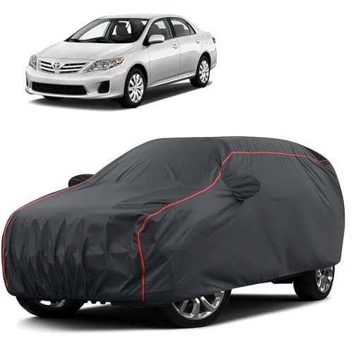 Image of Sulfar 100% Water Resistant Car Body Cover Compatible with Mirror for Toyota Corolla (Triple Stitched, Full Bottom Elastic, Dark Grey Taffeta with Red Piping)