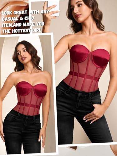 Image of Kaei&Shi Sheer Mesh Overbust Corset,Sexy Strapless Lace Up Satin Bra Corsets Top For Women Shapewear