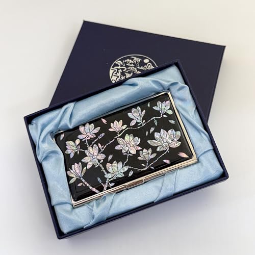 Image of Mother of Pearl Business Card Case Credit Id Name Holder Travel Wallet Art Painting Design Metal Stainless Steel Engraved Slim Purse Pocket Cash Money Wallet (N Magnolia)