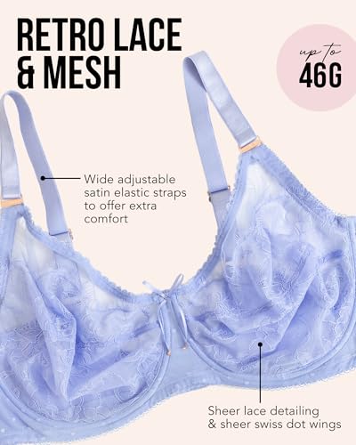 Image of Smart & Sexy Women's Full Coverage Unlined Underwire Bra, Lace & Mesh See Through Bra, Plus Size Lingerie Inspired Retro Bra