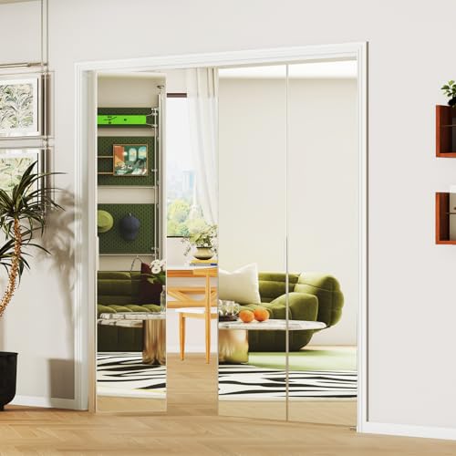 Image of Bifold Door for 72 inchx80 inch Opening, Preassembled Aluminum Alloy Mirrored Folding Door with Hardware Kit Included, Interior Bi fold Barn Door for Bedroom & Closet, Silver